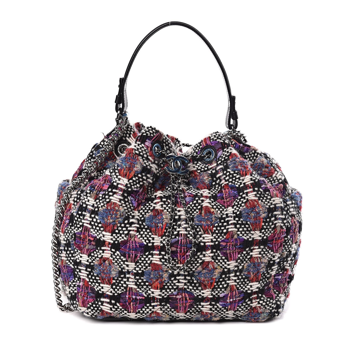 Tweed Calfskin Medium CC Chain Drawstring Tote Black Multicolor