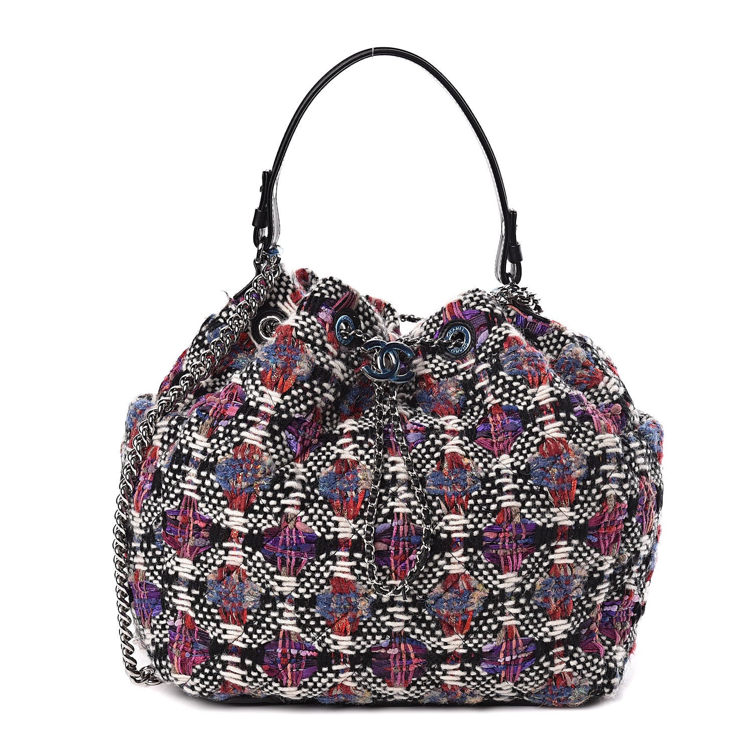 Chanel Tweed Calfskin Medium CC Chain Drawstring Tote Black Multicolor 1 of 11