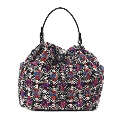 Chanel Tweed Calfskin Medium CC Chain Drawstring Tote Black Multicolor 1 of 11