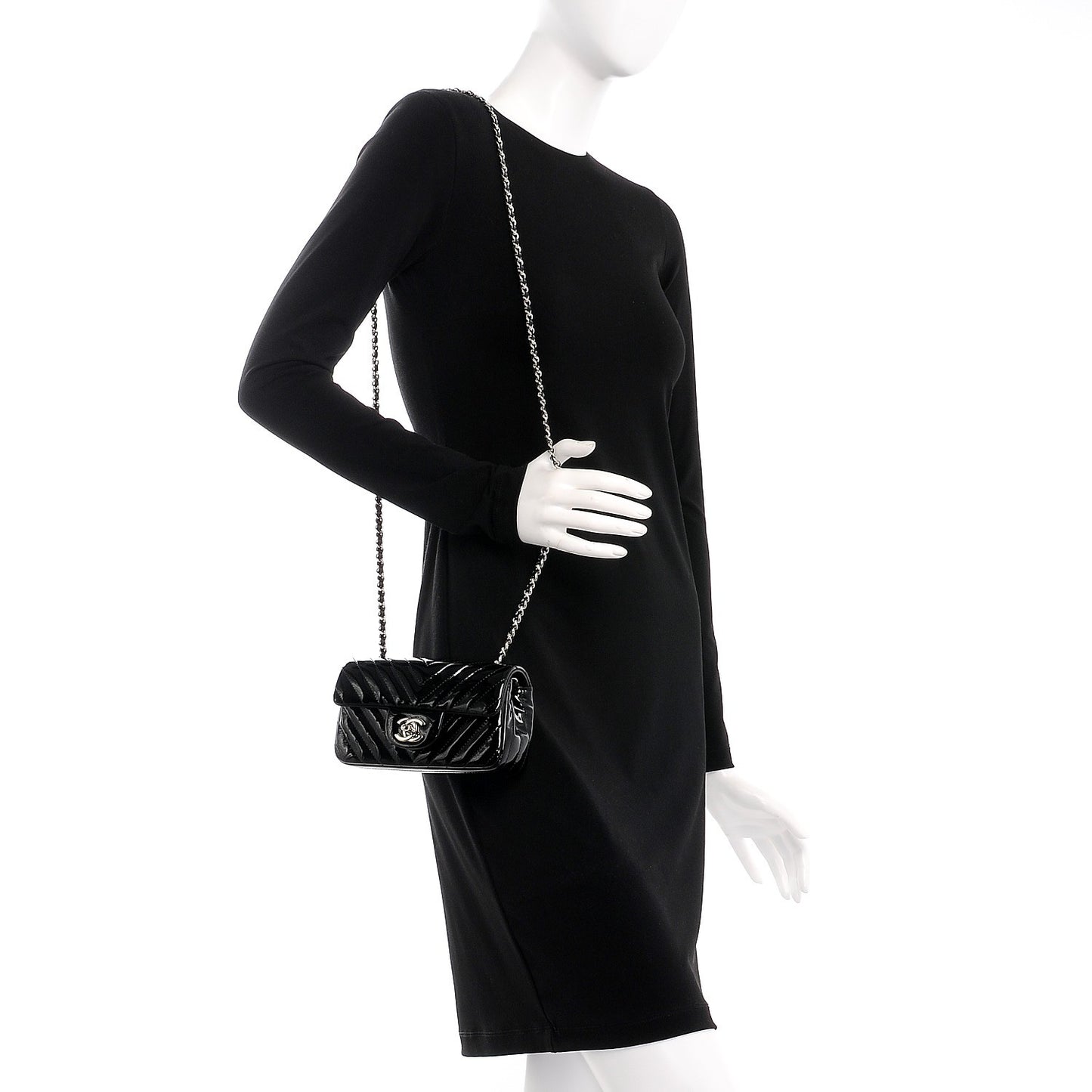 Patent Calfskin Chevron Quilted Extra Mini Flap Black