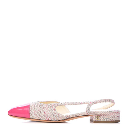 Chanel Tweed Patent Cap Toe CC Slingback Flat 36.5 Pink White 1 of 12