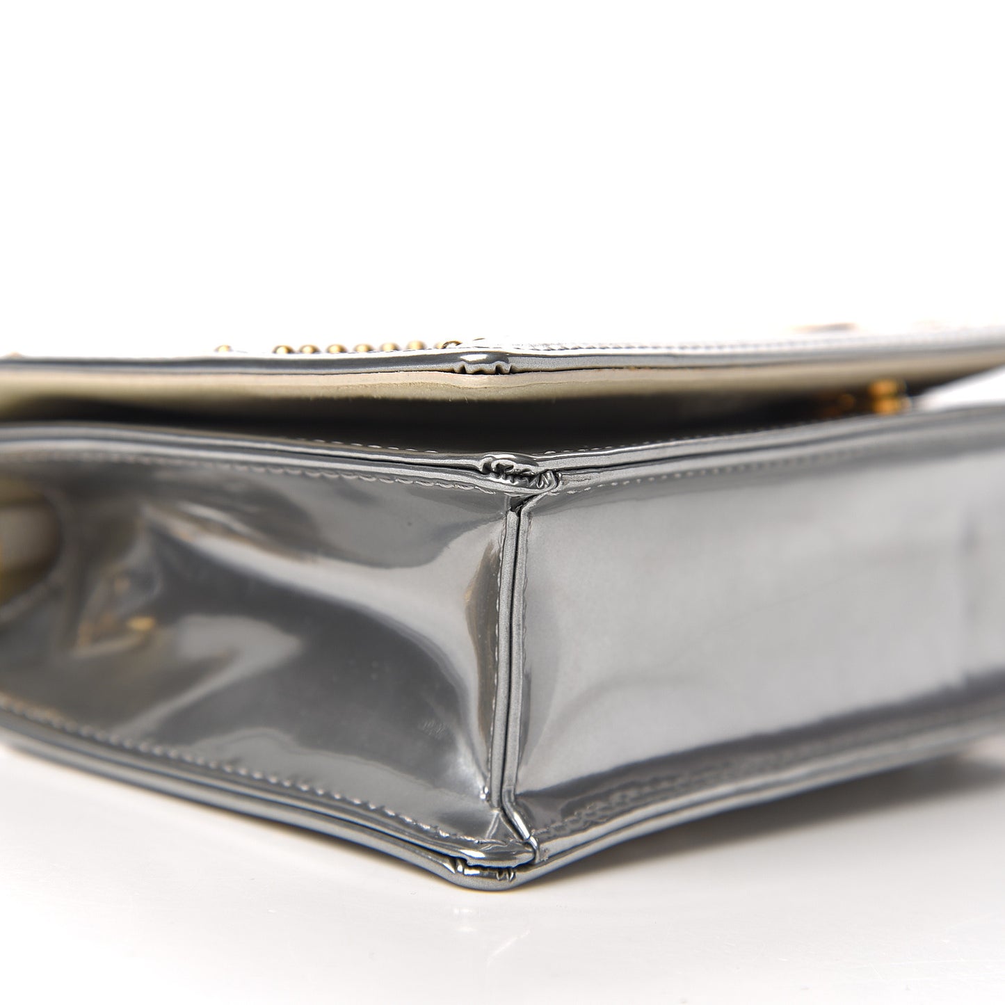Metallic Patent Studded Diorama Top Handle Wallet on Chain Pouch Silver