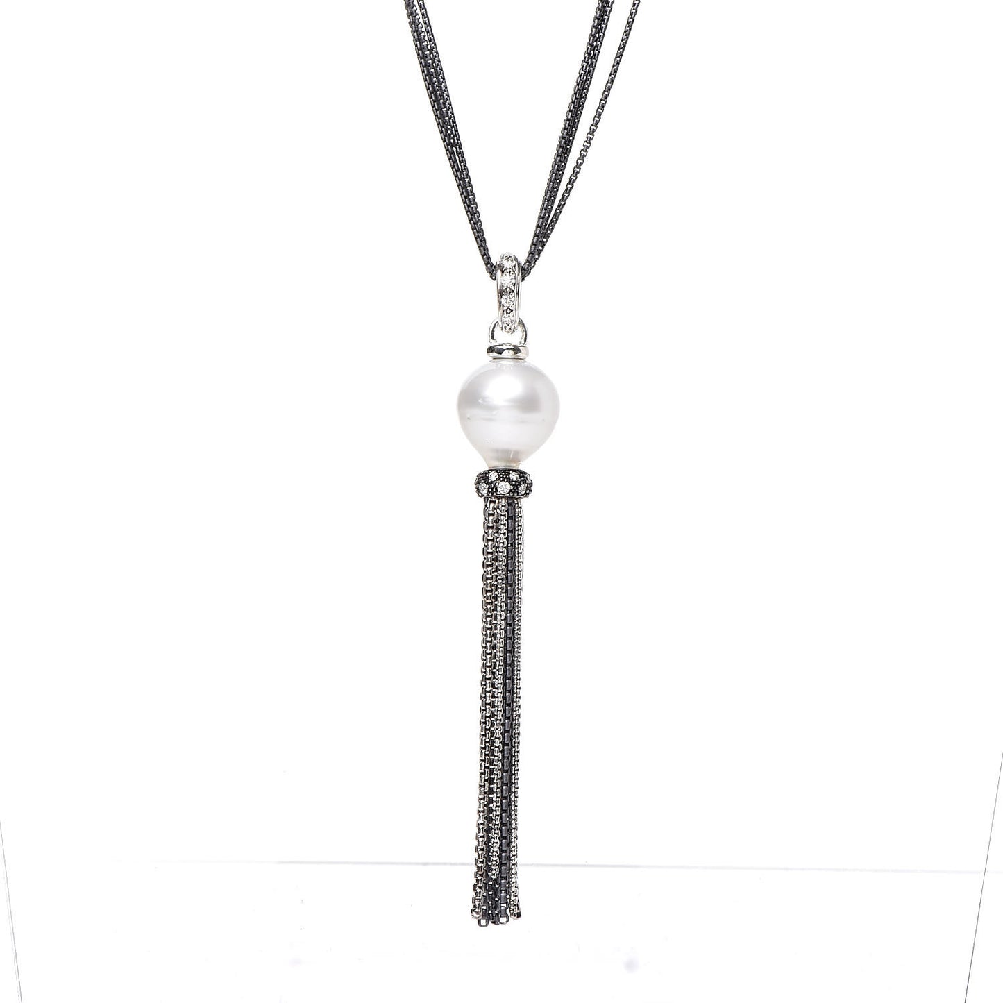 Sterling Silver Diamond Freshwater Pearl Midnight Tassel Necklace