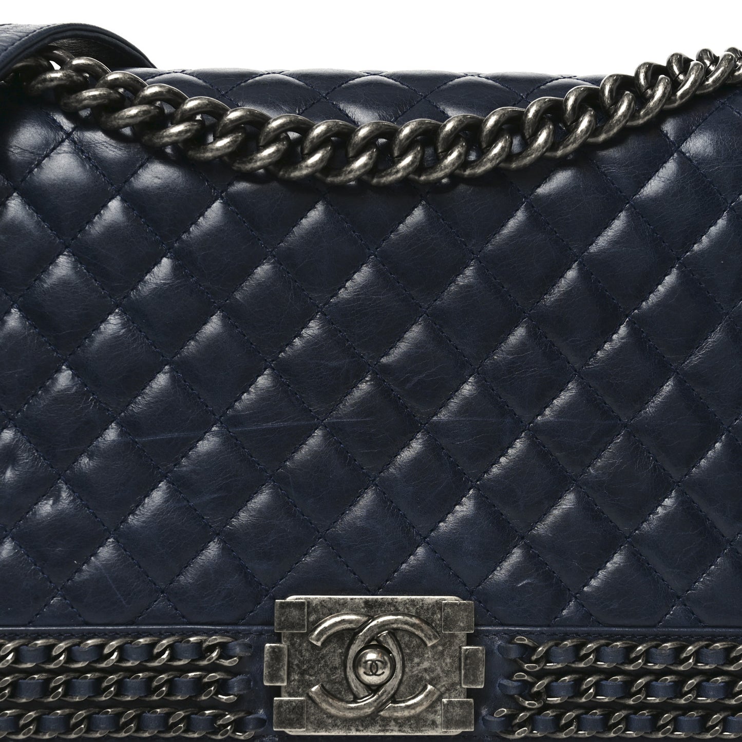 Glazed Calfskin Quilted New Medium Boy Chained Flap Navy