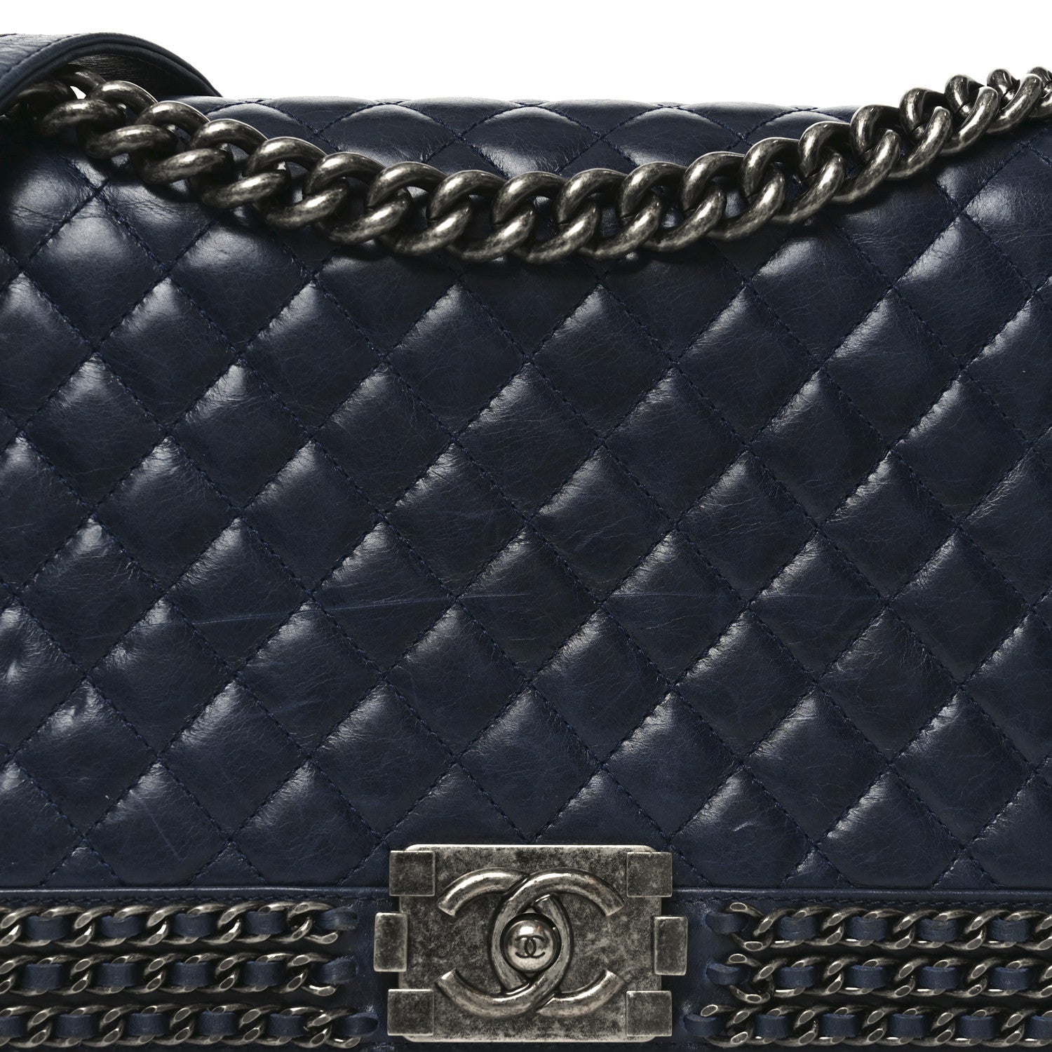Chanel Glazed Calfskin Quilted New Medium Boy Chained Flap Navy 8 of 10