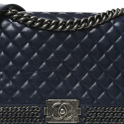 Chanel Glazed Calfskin Quilted New Medium Boy Chained Flap Navy 8 of 10