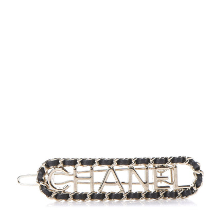 Chanel Metal Lambskin Vintage Allure Logo Hair Clip Black Gold 1 of 5