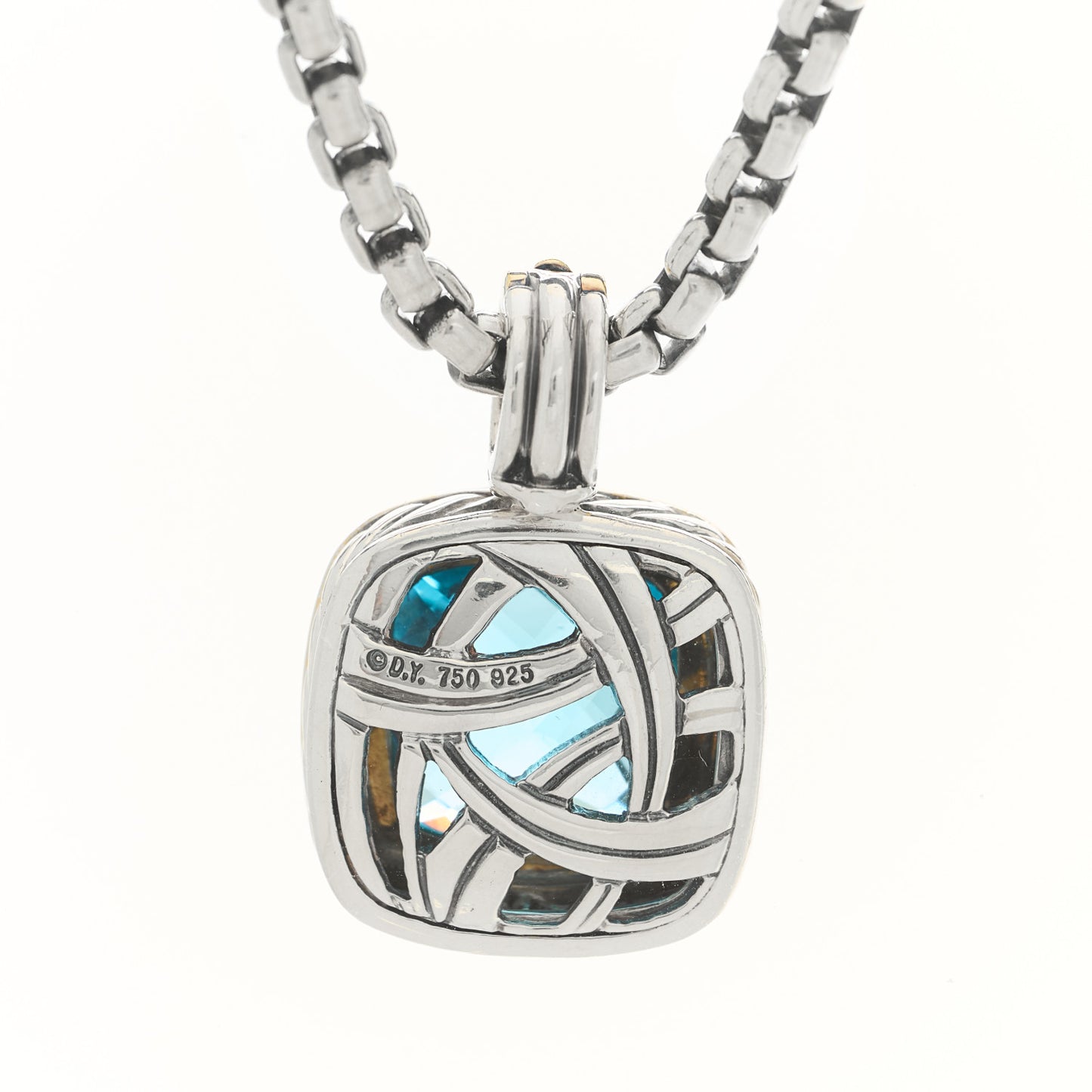 Sterling Silver 18K Yellow Gold Blue Topaz 14mm Albion Pendant Box Chain Necklace