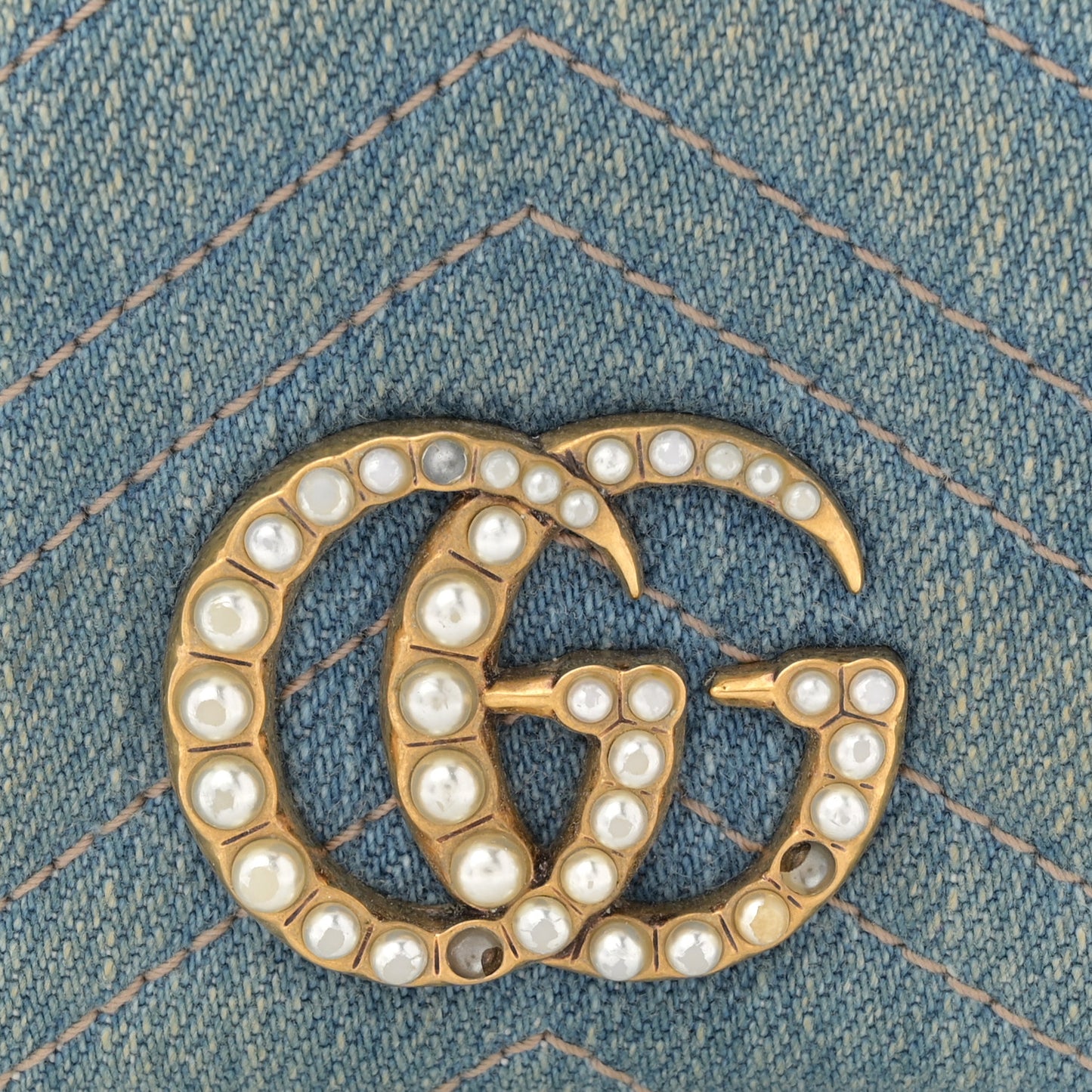 Denim Matelasse Pearly GG Marmont Card Case Wallet Blue