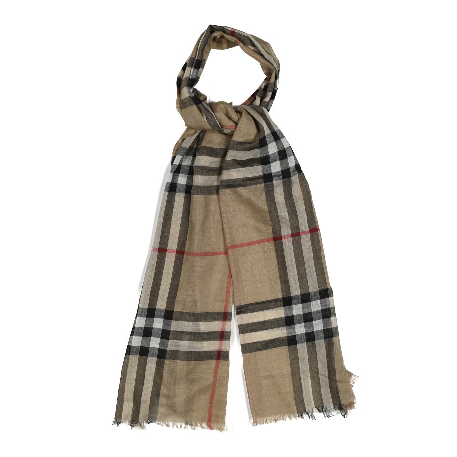 Burberry Wool Silk Gauze Giant Check Lightweight Scarf Camel