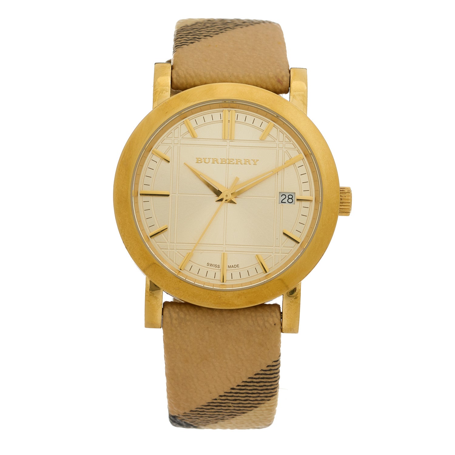 Burberry Stainless Steel Calfskin 38mm Heritage Check Quartz Watch Gold BU1398 1 of 5