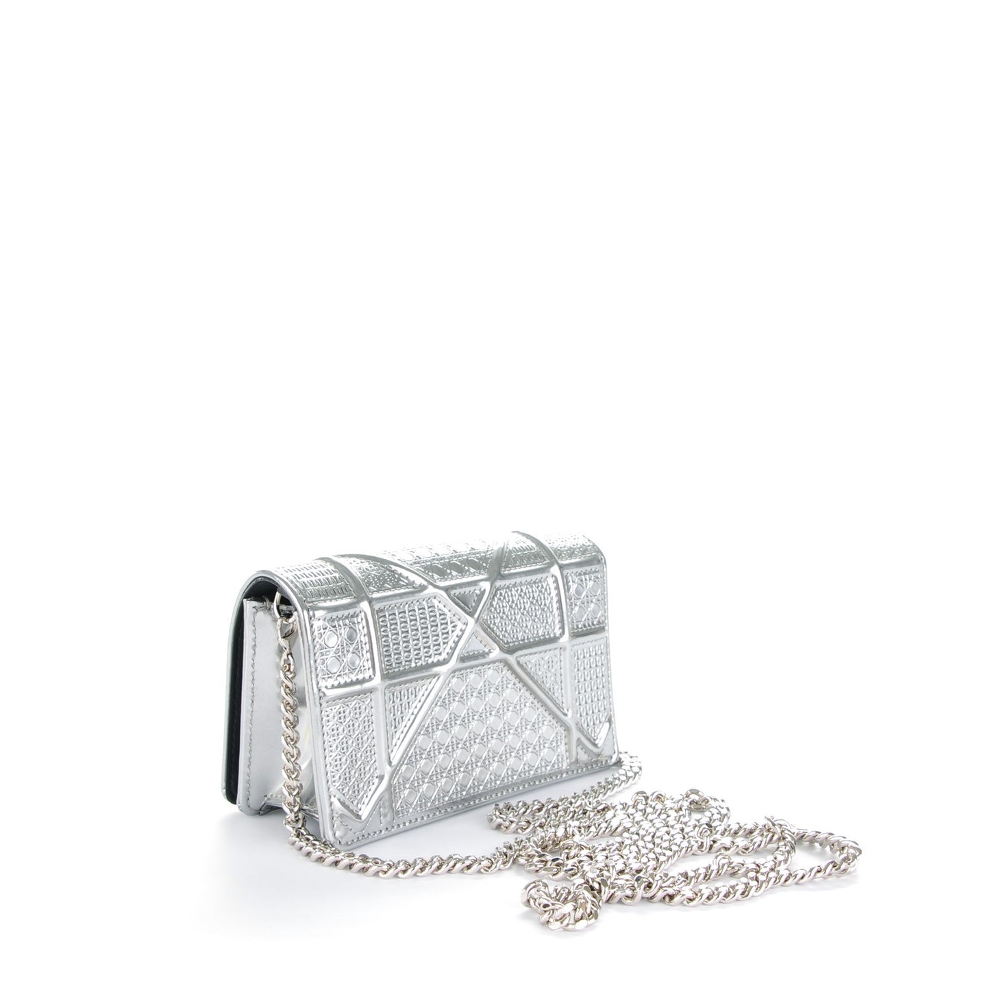 Metallic Patent Micro-Cannage Baby Diorama Flap Bag Silver