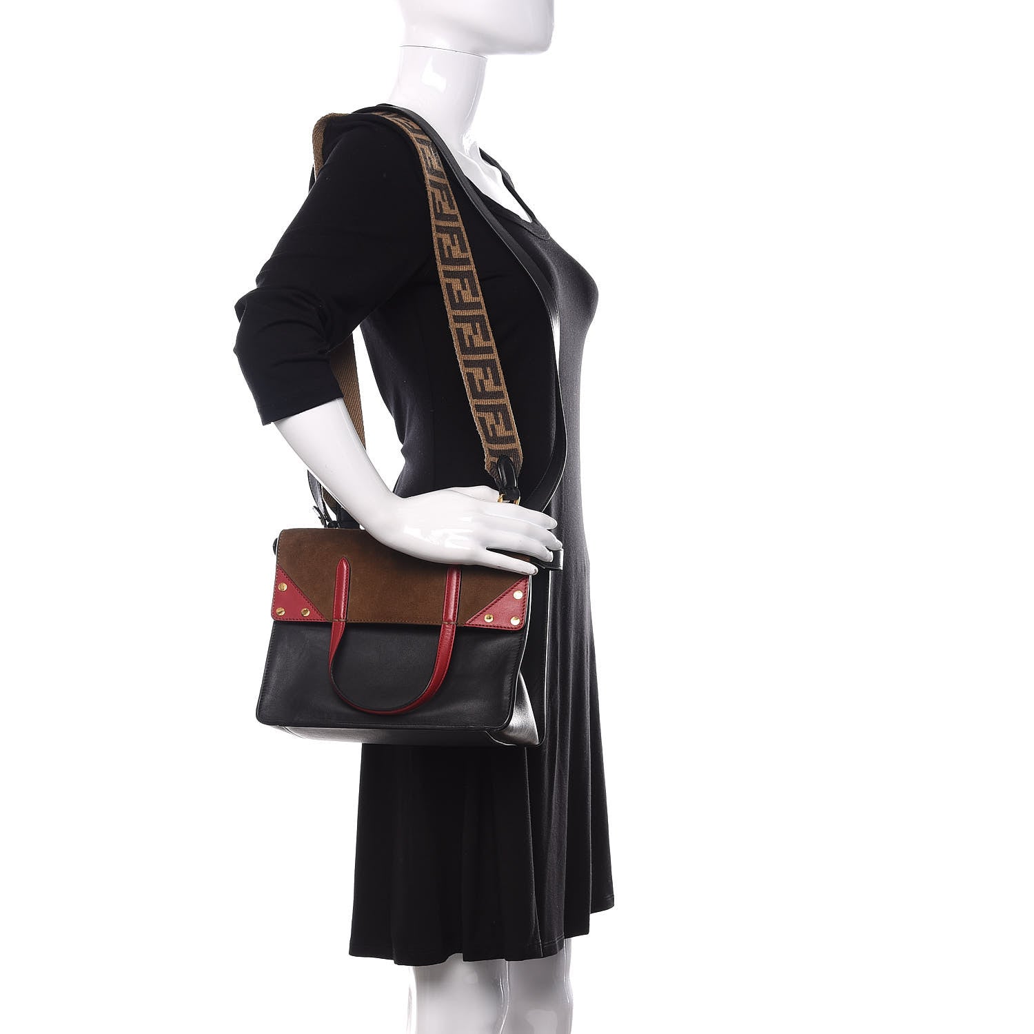 Fendi Vitello Grace Suede Small Flip Tote Black Fragola Marrone 2 of 10