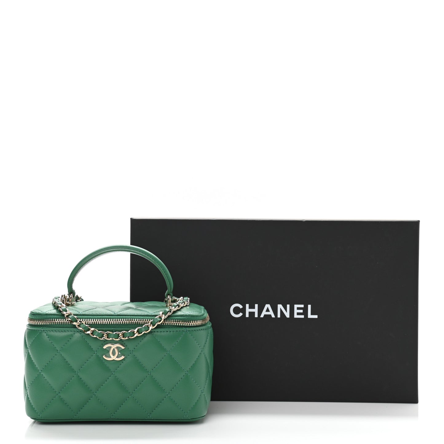 Lambskin Quilted Small Top Handle Vanity Case With Chain Green