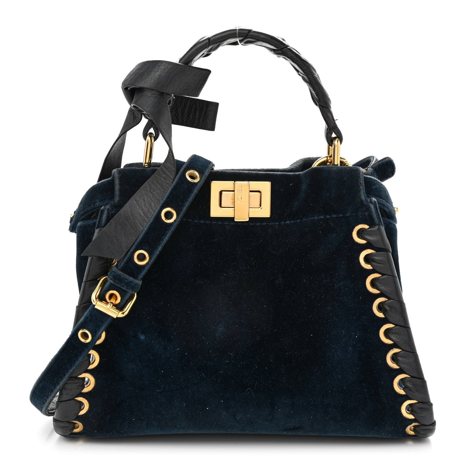 Fendi Velvet Vitello Seta Lace Up Mini Peekaboo Iconic Satchel Blue 1 of 11