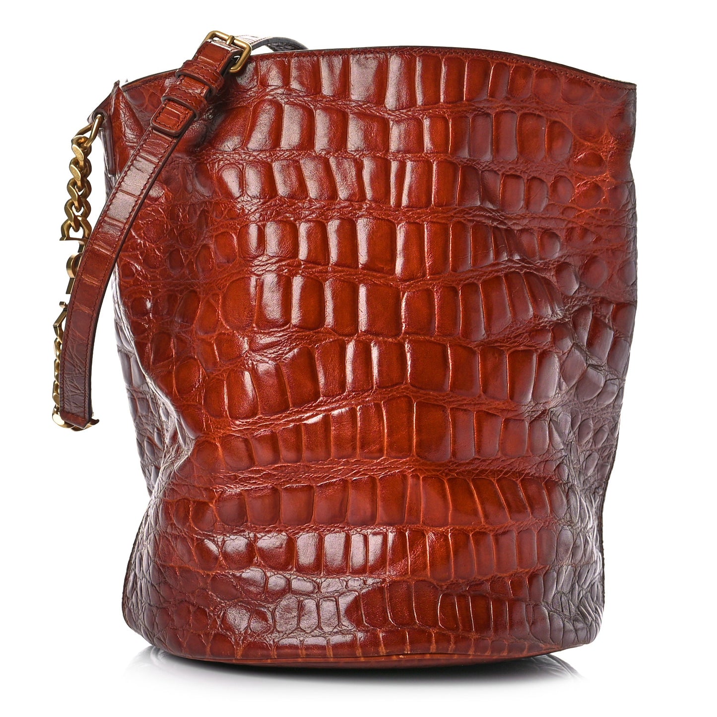 Calfskin Crocodile Embossed Bucket Bag Vintage Brown