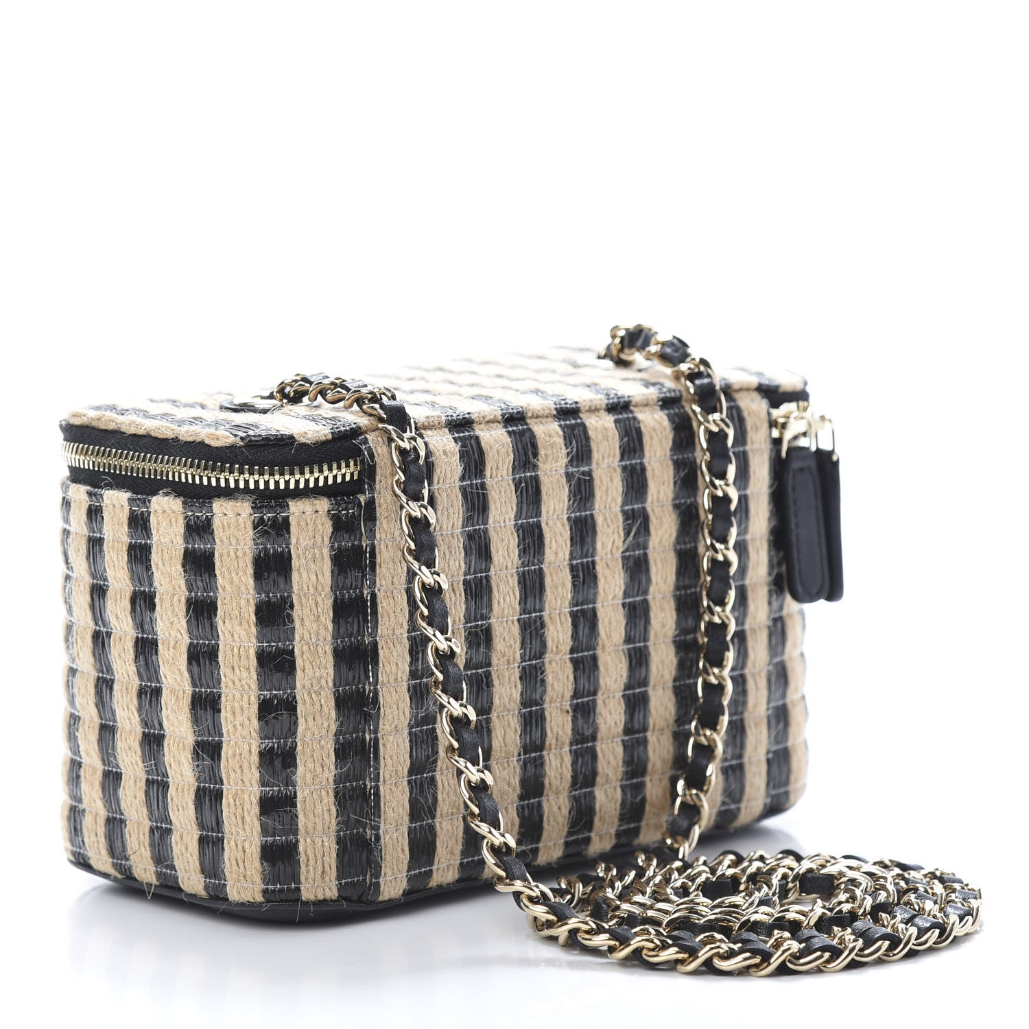 Chanel Raffia Jute Striped Small Vanity Case With Chain Black Beige 3 of 11