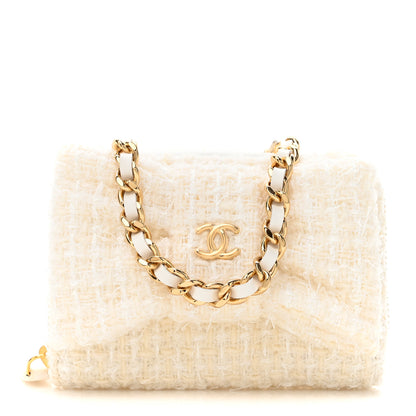 Chanel Tweed Quilted Bow Flap Card Holder On Chain White 1 of 11