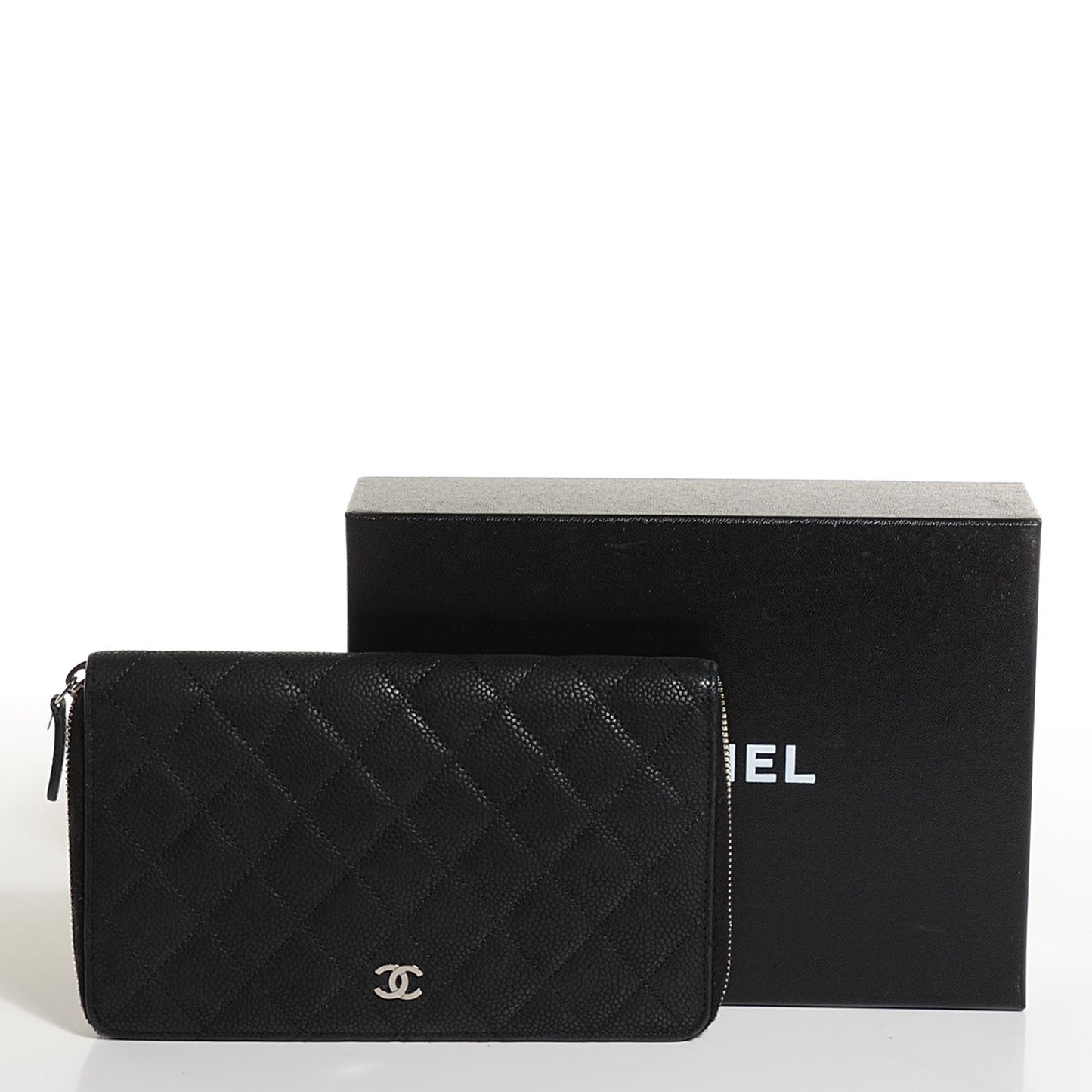 Iridescent Caviar Quilted Large Zip Around Organizer Wallet Black