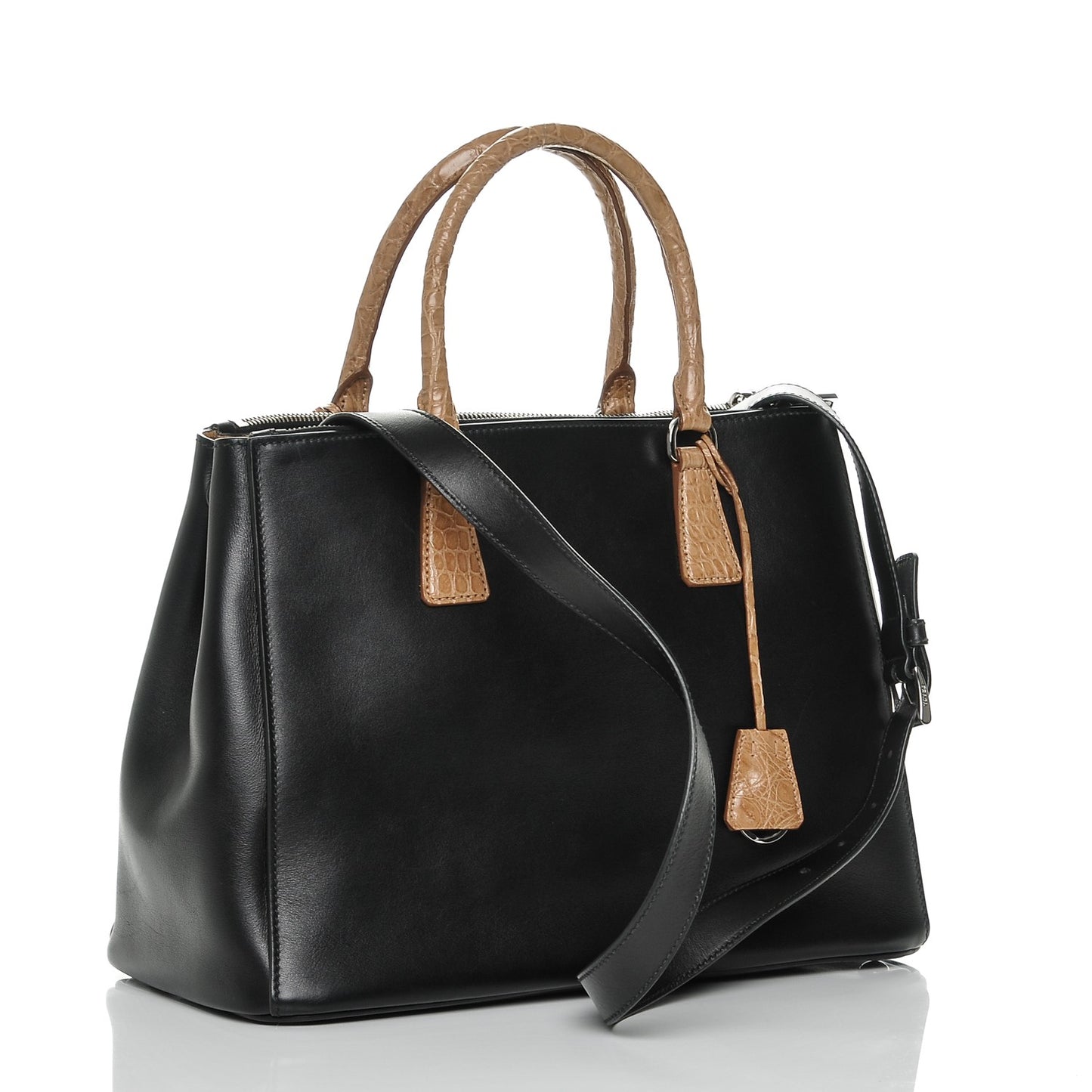 City Calfskin Crocodile Medium Galleria Double Zip Tote Black Sughero