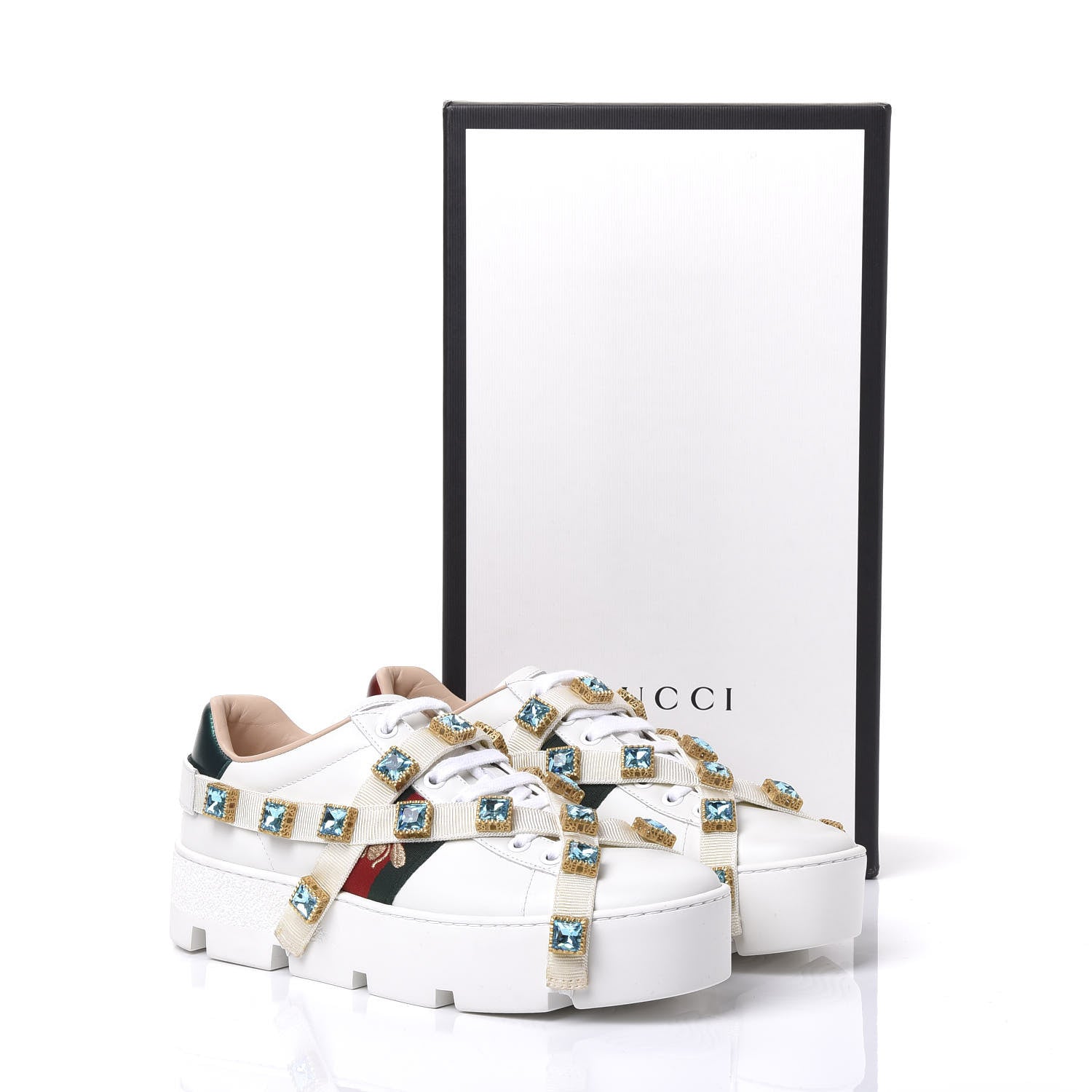 Gucci Calfskin Removable Crystals Bee Embroidered Womens Ace Platform Sneakers 37.5 White 9 of 9