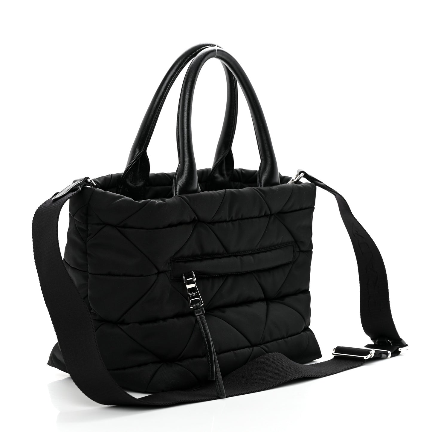 Re-Nylon Nappa Triangle Quilted Padded Small Double Handled Zip Tote Black