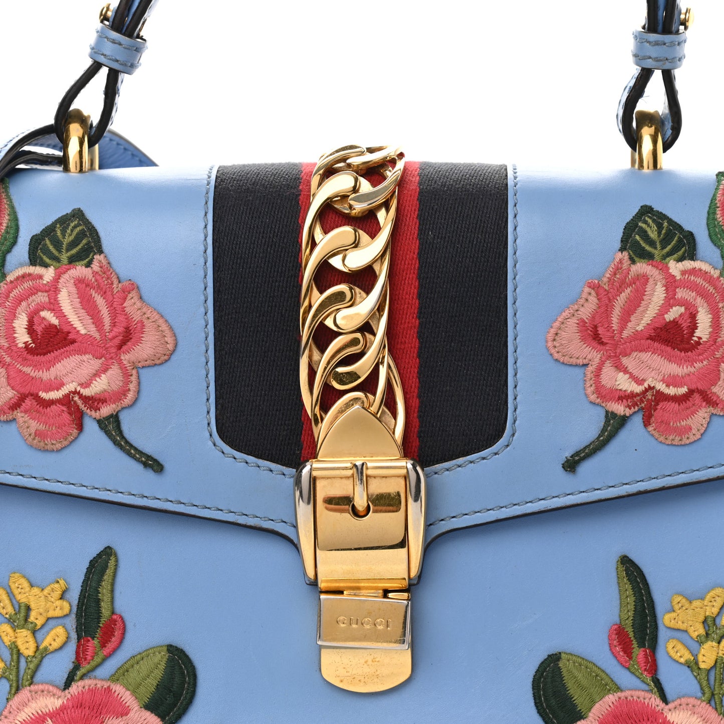 Calfskin Embroidered Medium Sylvie Top Handle Bag Clear Sky Blue