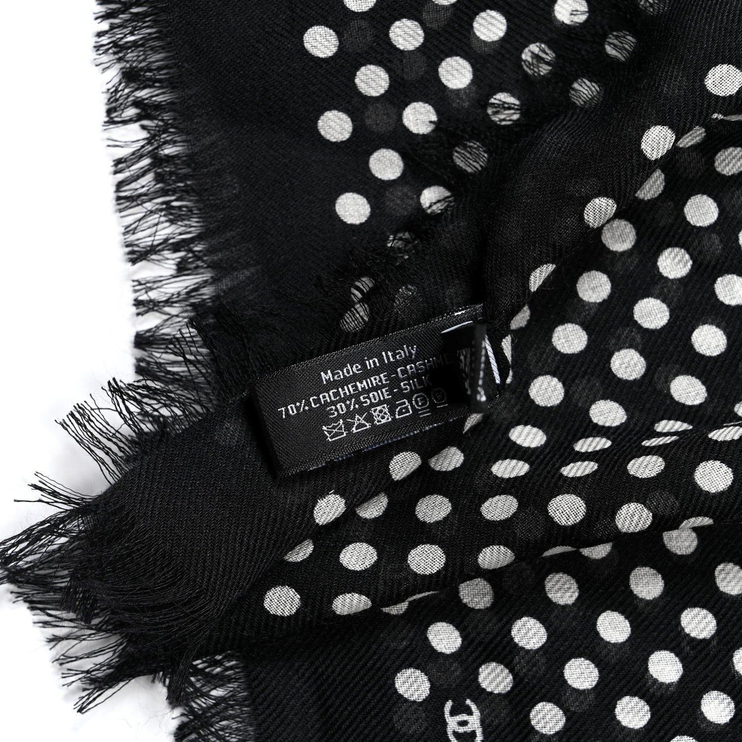 Chanel Cashmere Silk Polka Dot Fringe Stole White Black 3 of 4