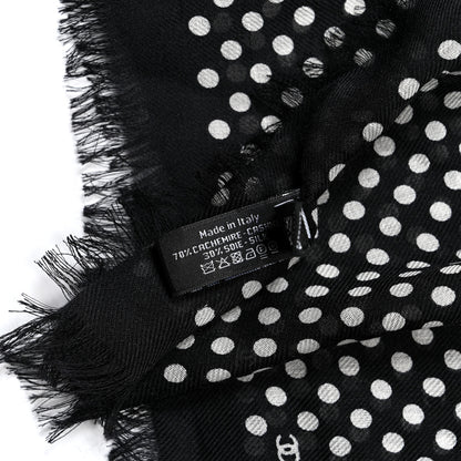 Chanel Cashmere Silk Polka Dot Fringe Stole White Black 3 of 4