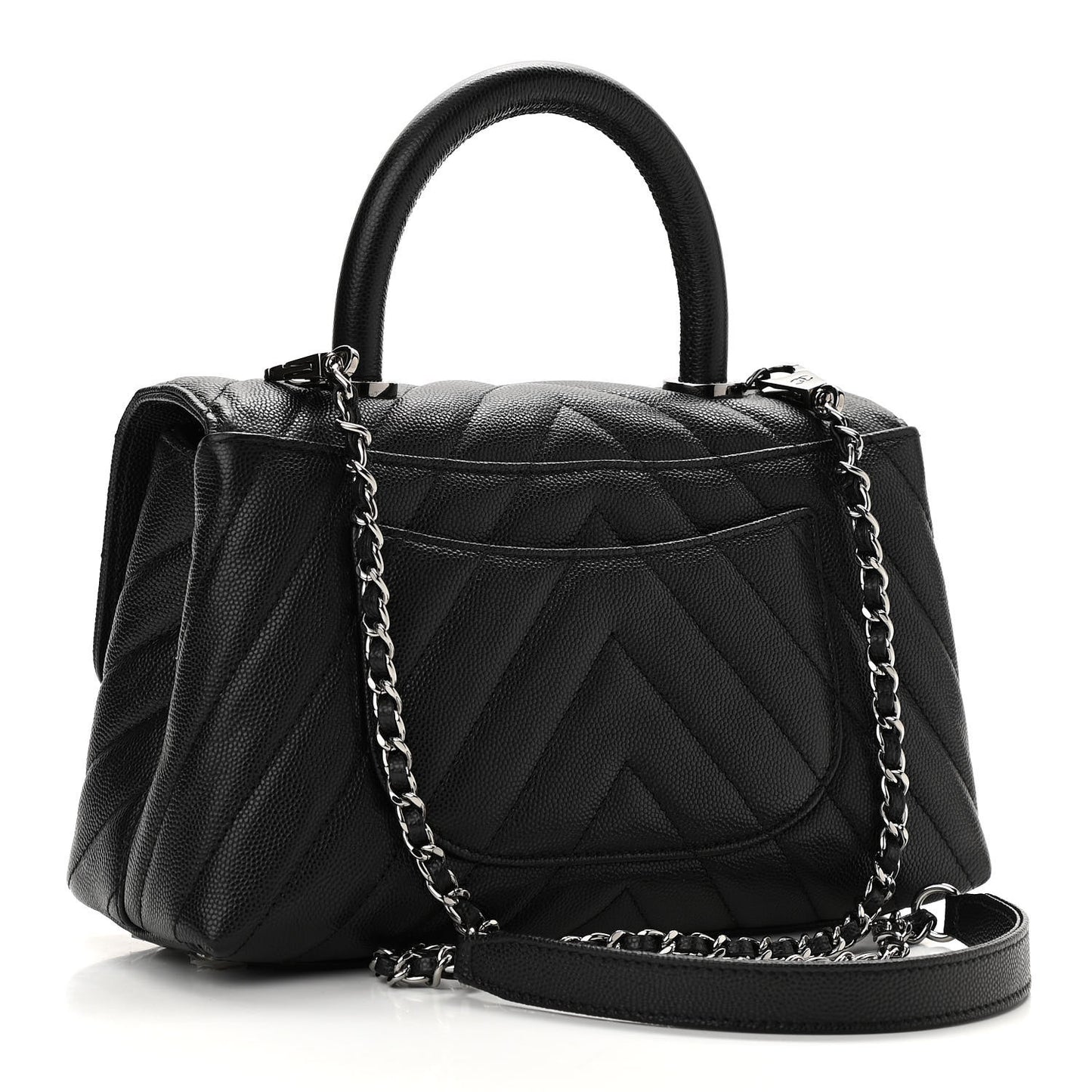 Caviar Chevron Quilted Mini Coco Handle Flap Black