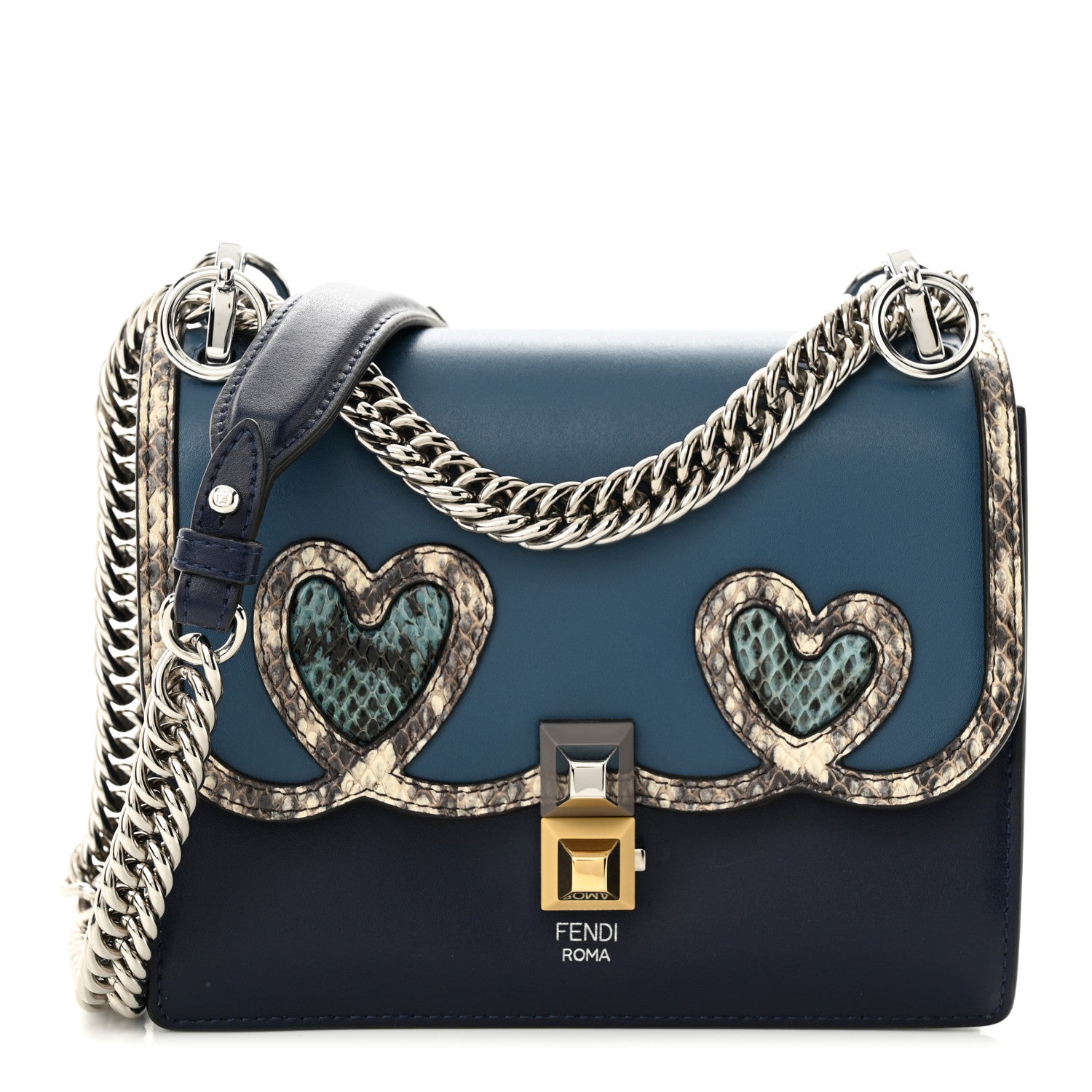Fendi Snakeskin Vitello Liberty Elaphe Open Your Heart Small Kan I Shoulder Bag Blue Berry Balena Natural 1 of 10