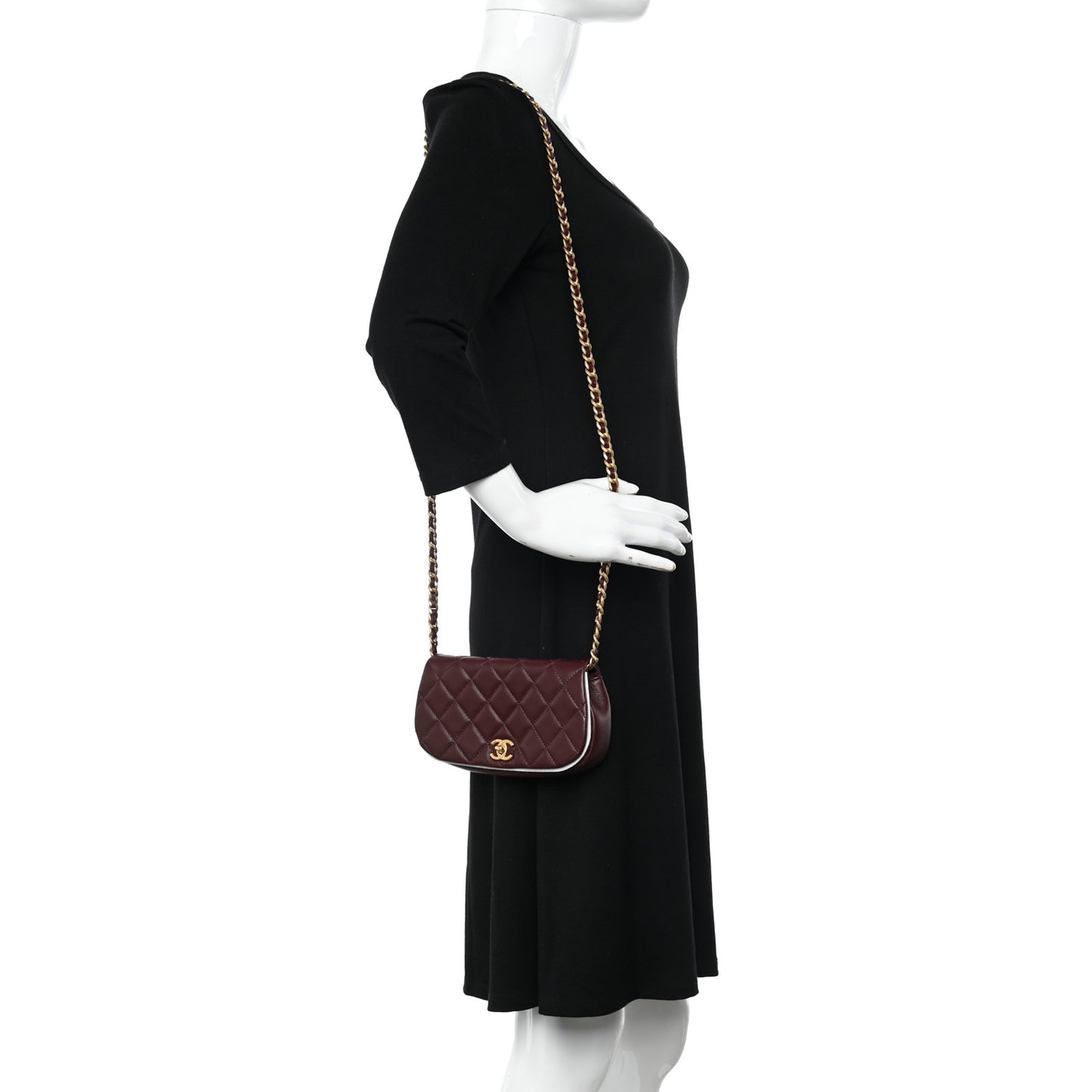 Calfskin Quilted Coco Mail Clutch With Chain Burgundy