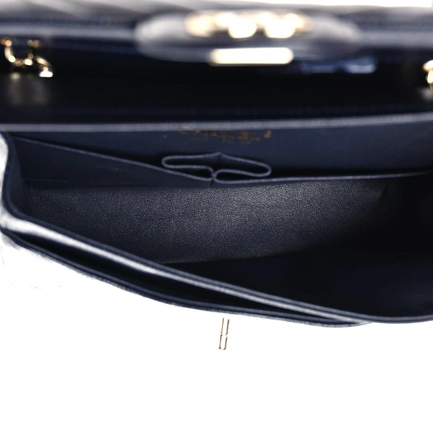 Caviar Chevron Quilted Small Double Flap Navy Blue