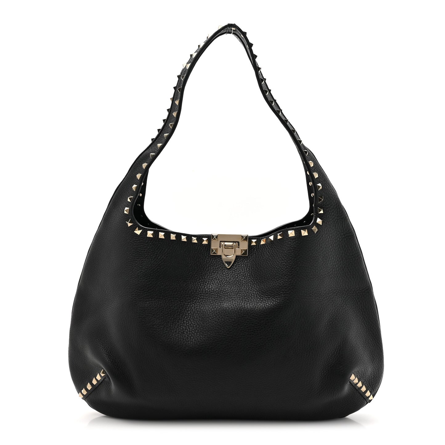 Grained Calfskin Large Rockstud Hobo Black
