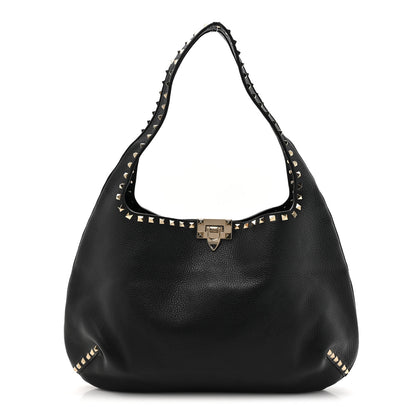 Valentino Garavani Grained Calfskin Large Rockstud Hobo Black 1 of 9