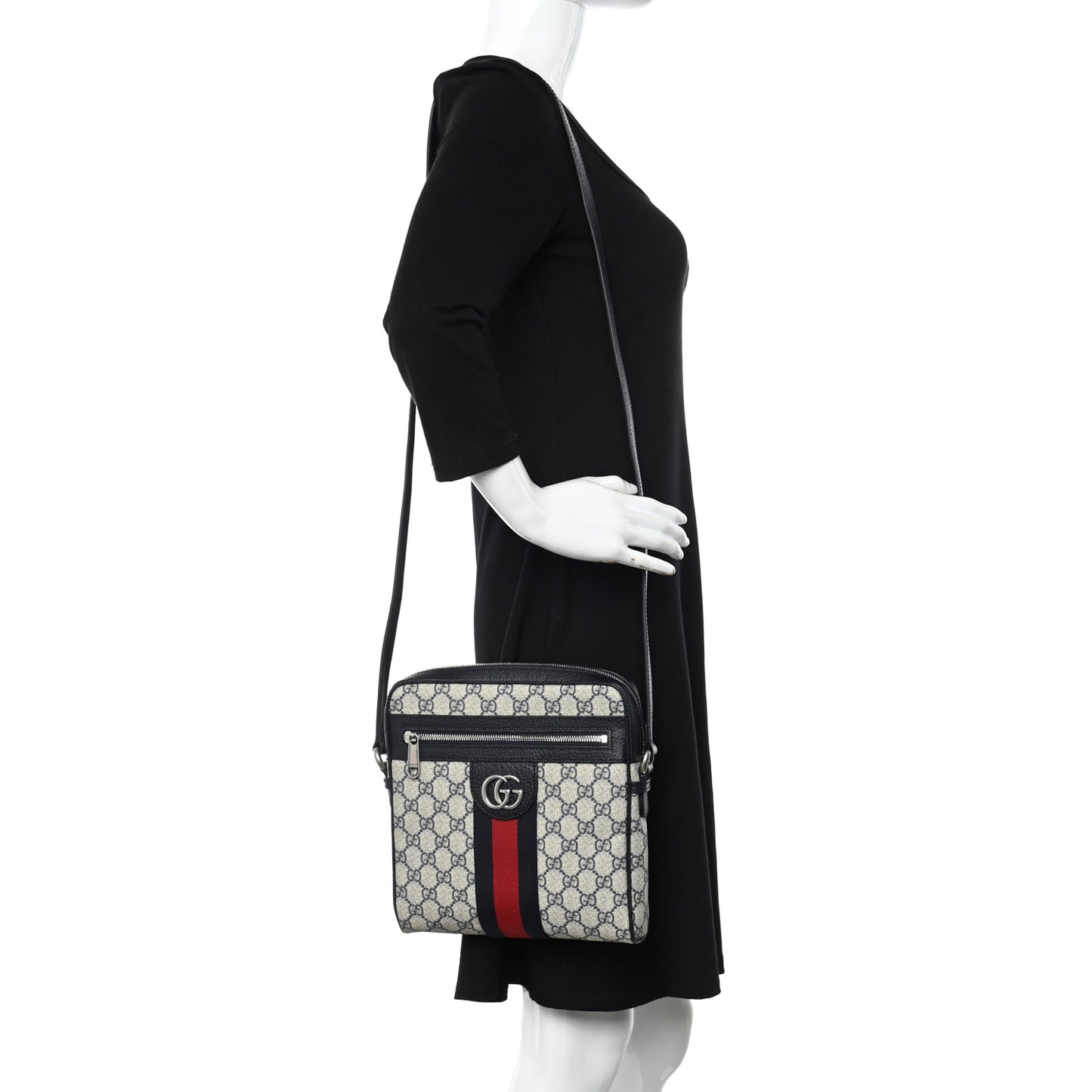 GG Supreme Monogram Textured Dollar Calfskin Web Small Ophidia Messenger Bag Beige Blue