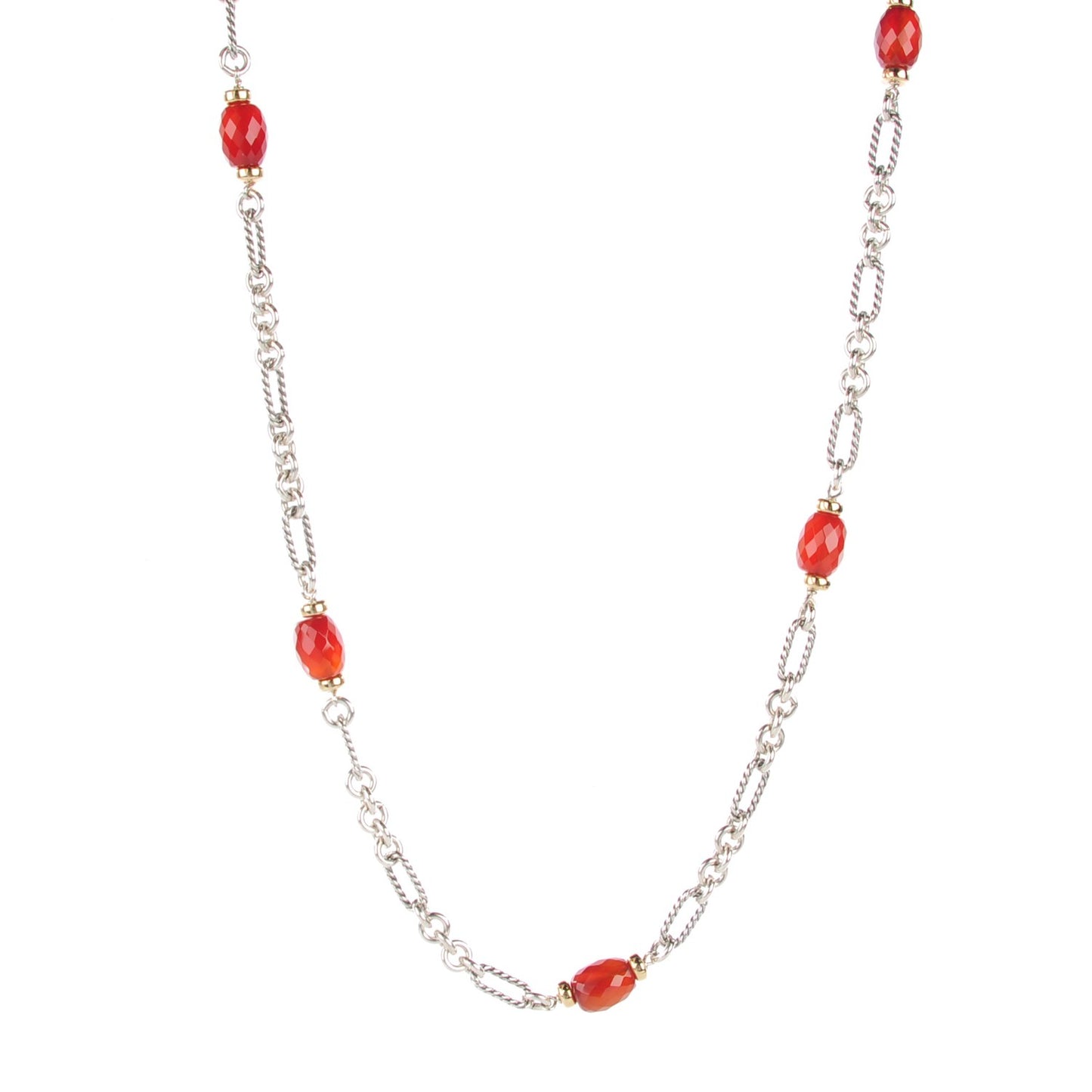 Sterling Silver 18K Yellow Gold Carnelian 20mm Figaro Chain Necklace