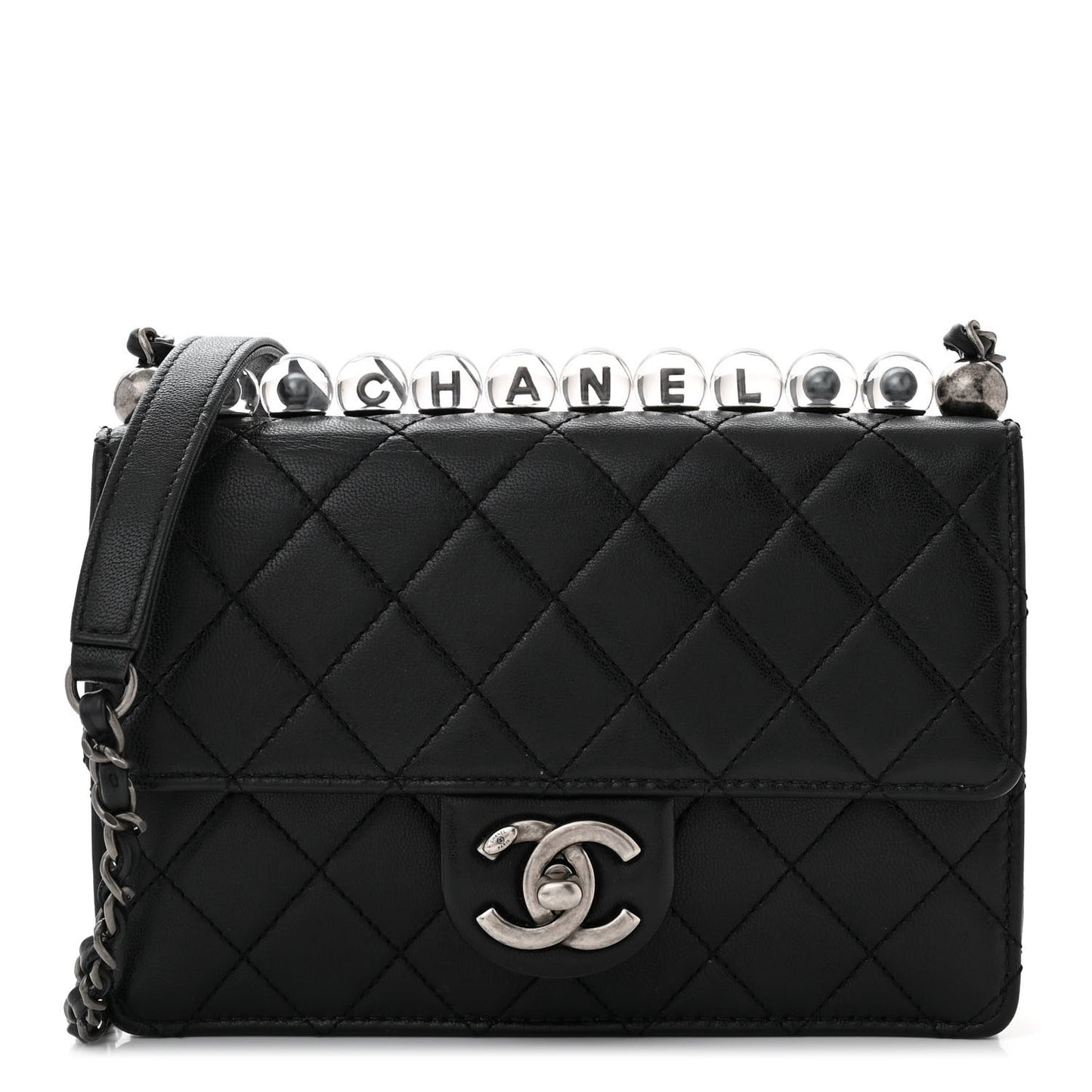 Lambskin Quilted Small Chic Pearls Flap Black