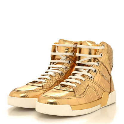 Chanel Metallic Calfskin Crocodile Embossed Cocodile High Top Sneakers 38 Gold 3 of 8