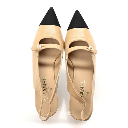 Chanel Shiny Lambskin Grosgrain Pointed Toe CC Slingback Pumps 40 Beige Black 2 of 9