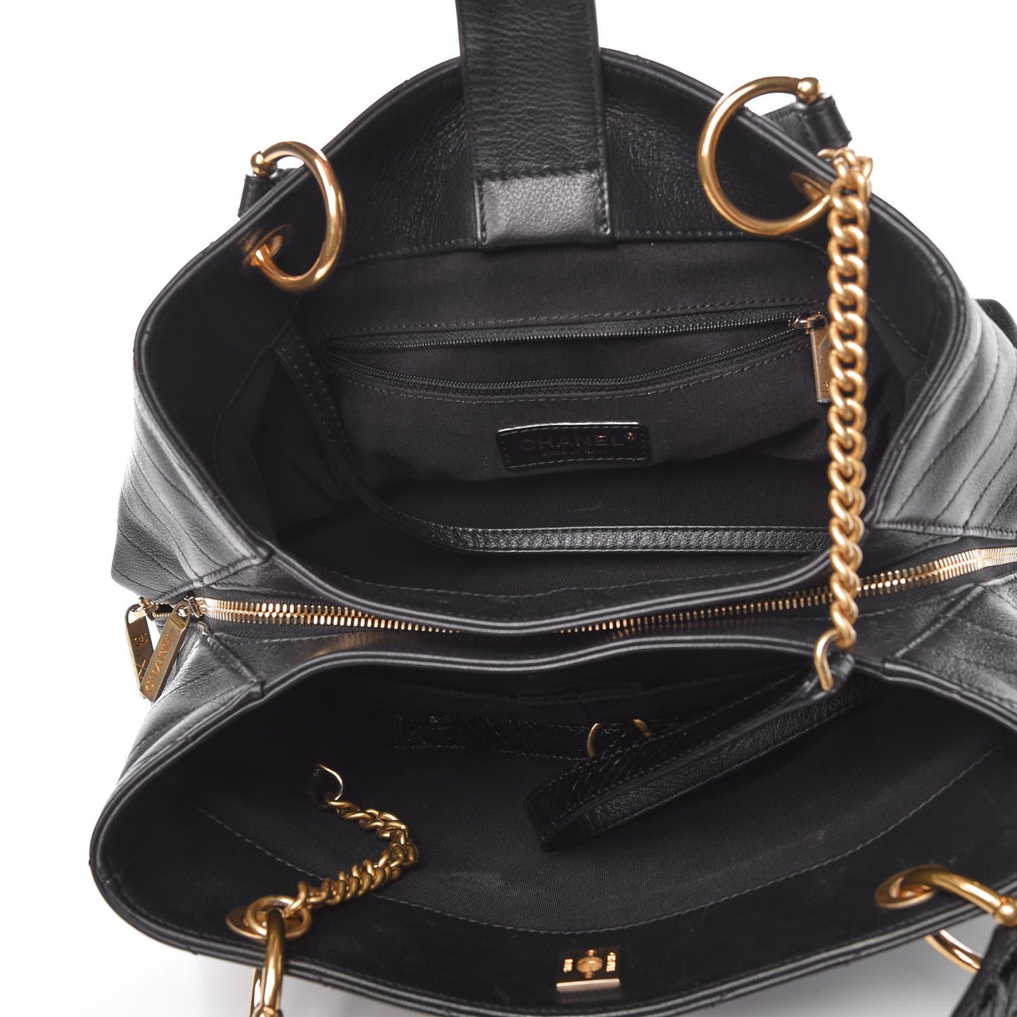 Calfskin Elaphe Stitched Large Chevron Chic Shopping Bag Black