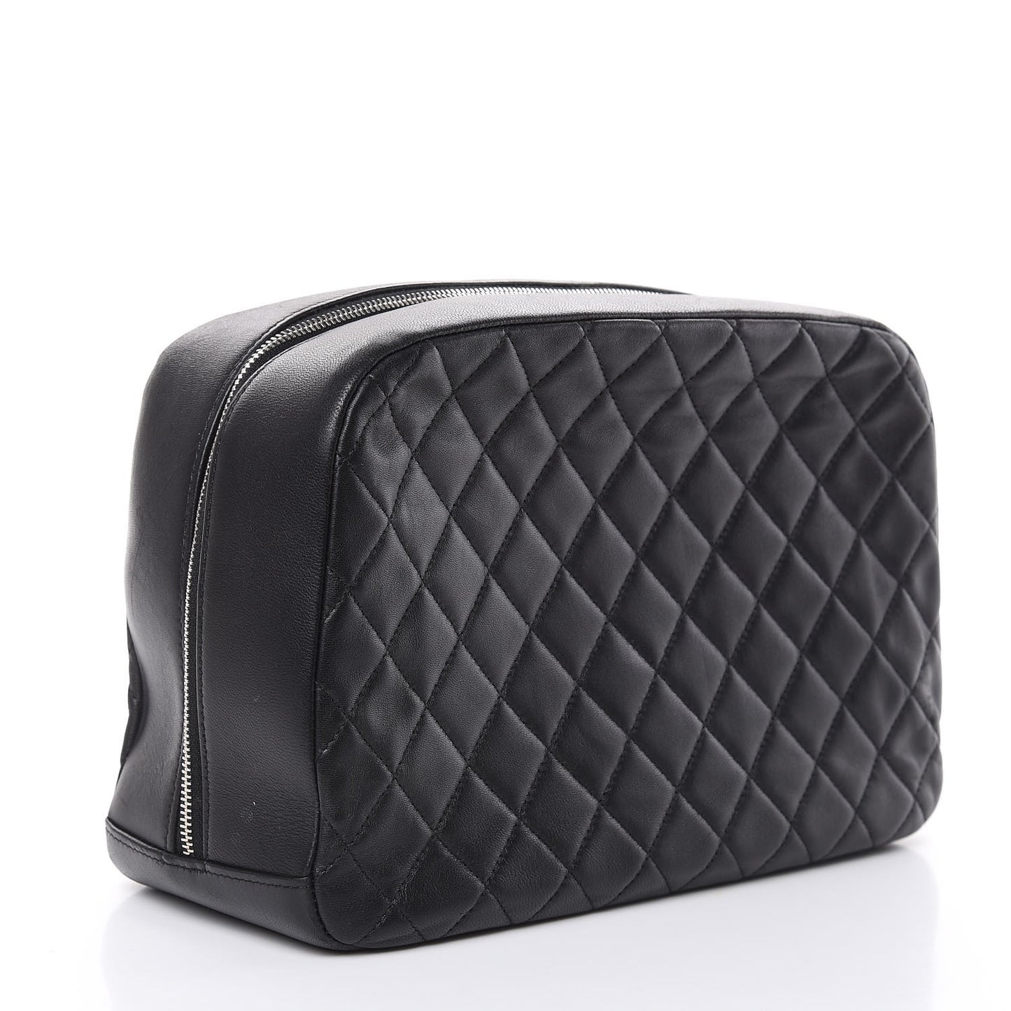 Lambskin Quilted Large Curvy Pouch Cosmetic Case Black