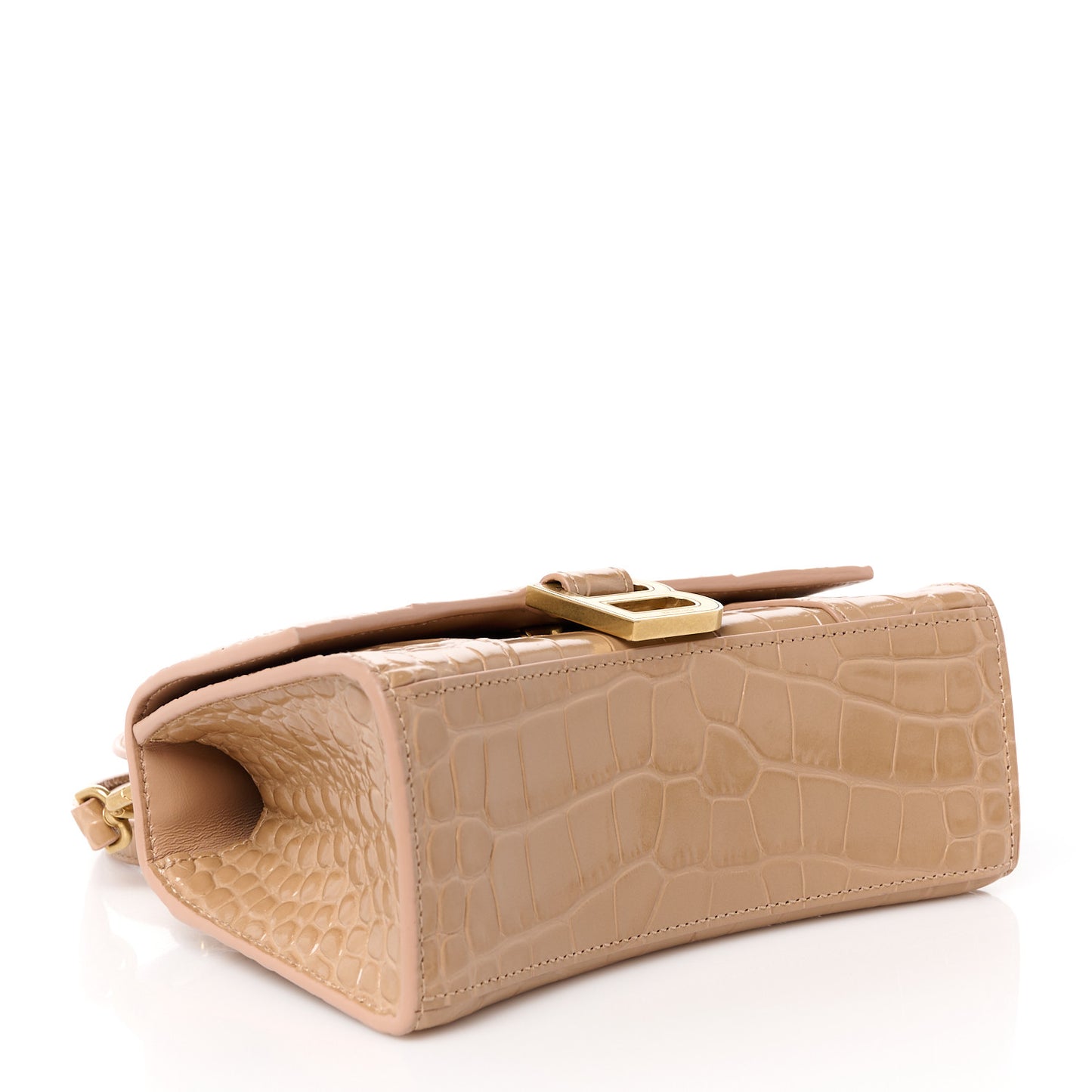 Shiny Calfskin Crocodile Embossed Hourglass Top Handle Bag XS Nude Beige