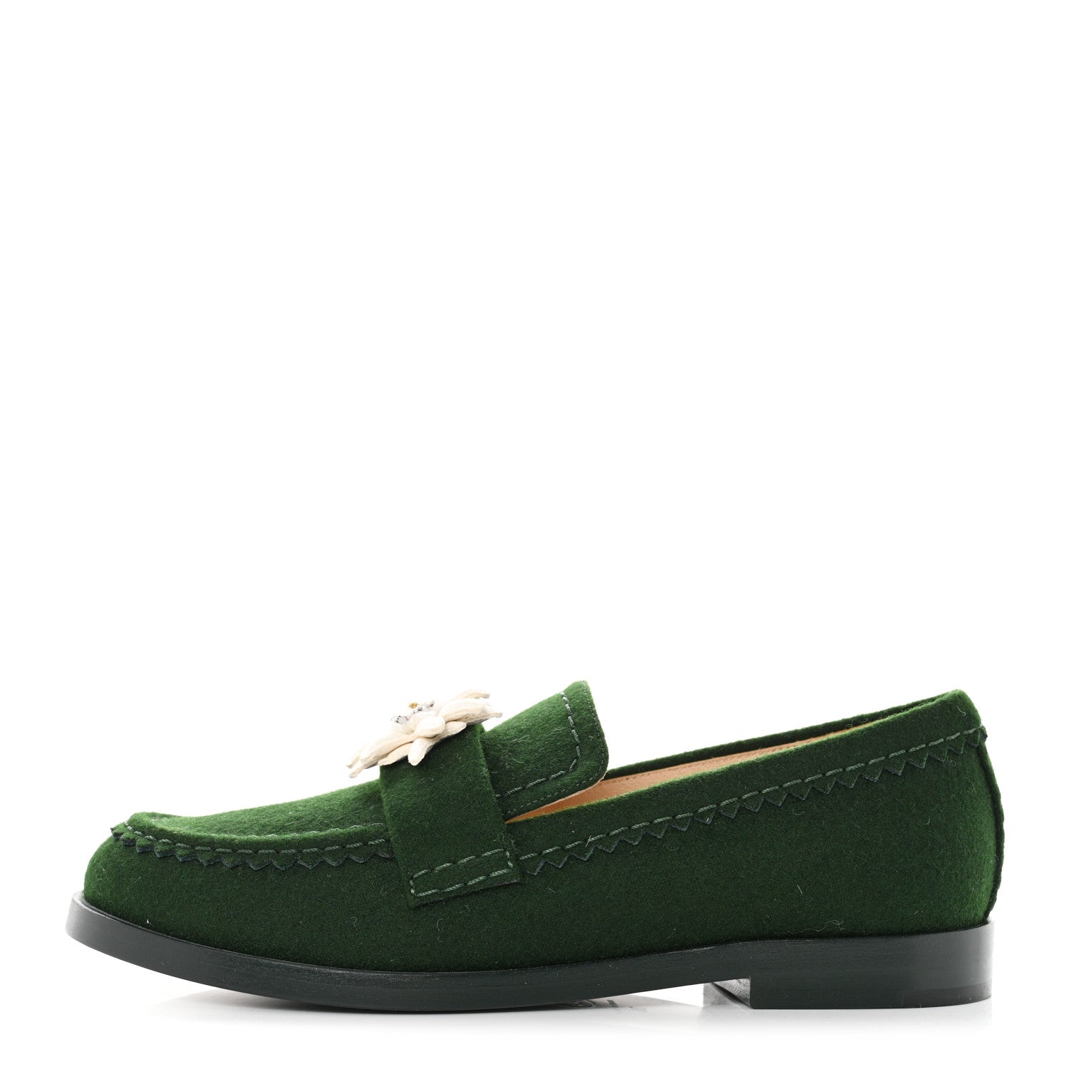 Chanel Wool Felt Crystal Embellished Flower Loafers 38 Green 1 of 8