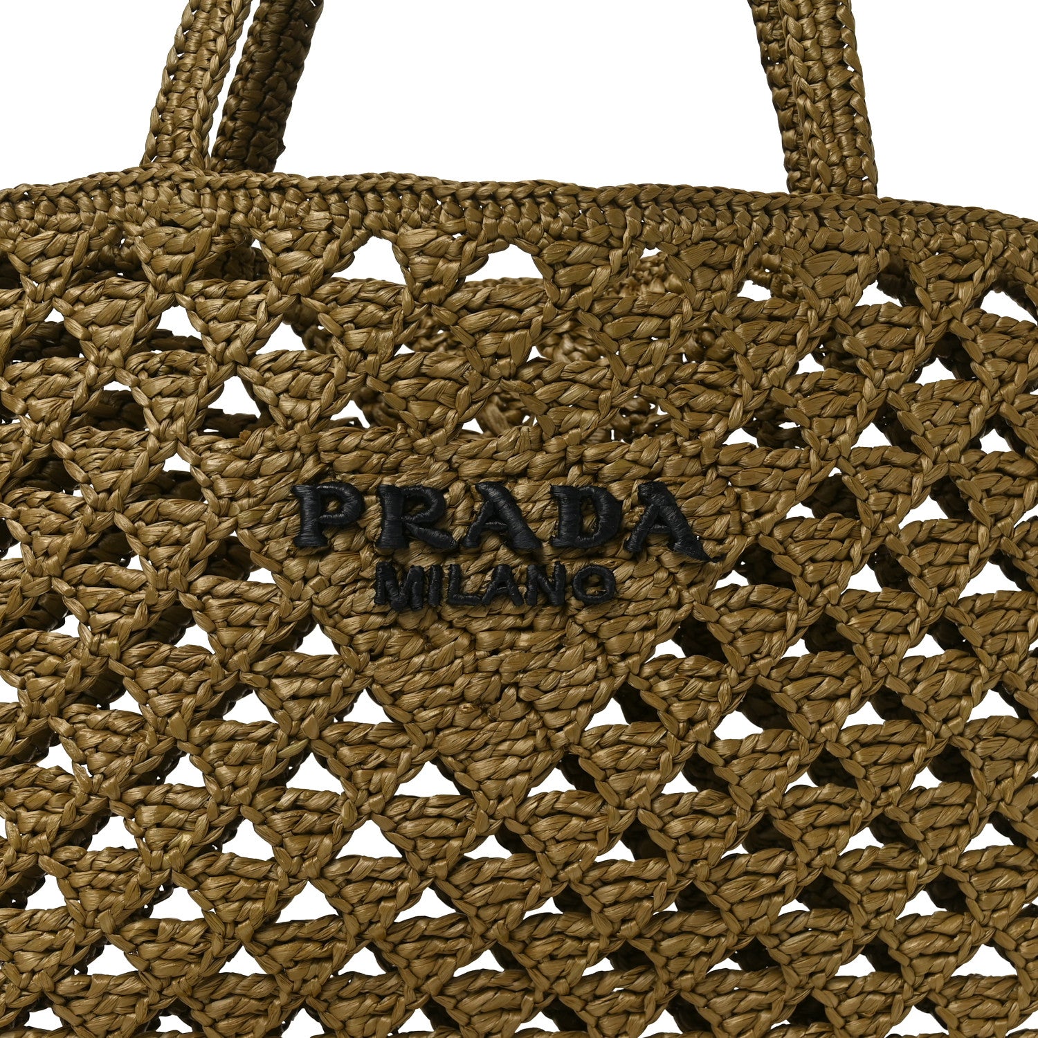 Prada Yarn Raffia Effect Crochet Logo Embroidered Tote Bag Oliva 6 of 8