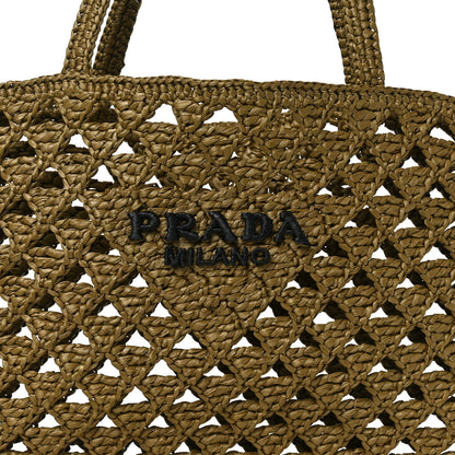 Prada Yarn Raffia Effect Crochet Logo Embroidered Tote Bag Oliva 6 of 8