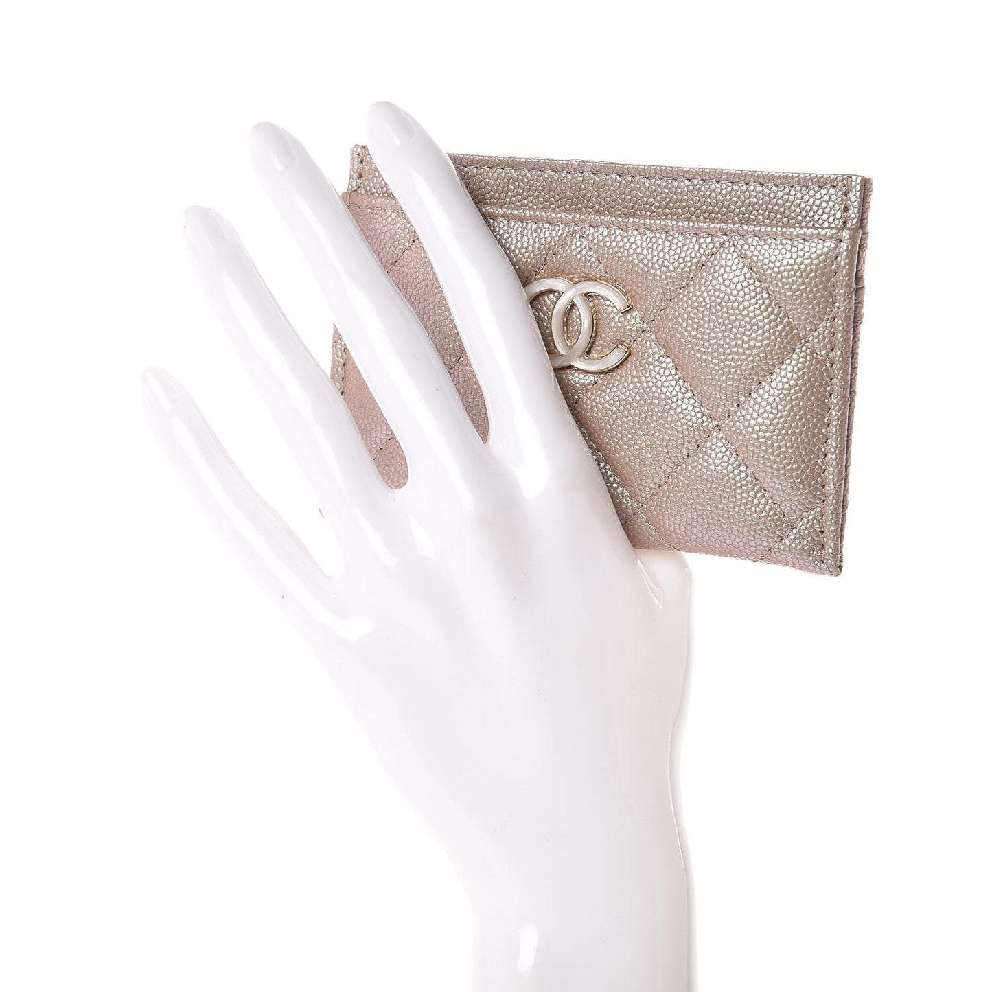 Iridescent Caviar Quilted Card Holder Beige