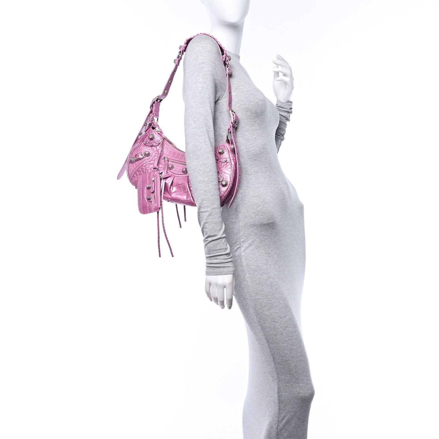 Balenciaga Metallic Extra Supple Calfskin Crystal Crocodile Embossed Small Le Cagole Shoulder Bag Pink 2 of 12
