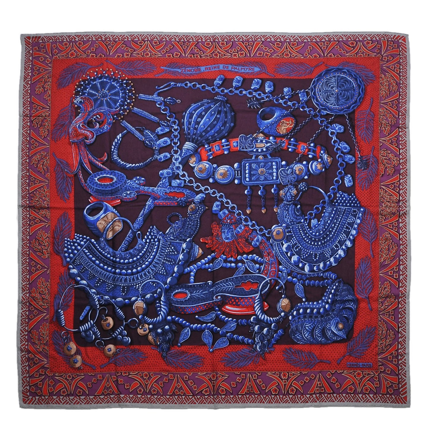 Cashmere Silk Zenobie Reine De Palmyre Shawl 140 Aubergine Bleu Dur Rouge