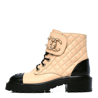 Chanel Lambskin Calfskin Quilted Lace Up Combat Boots 37.5 Beige Black 1 of 6